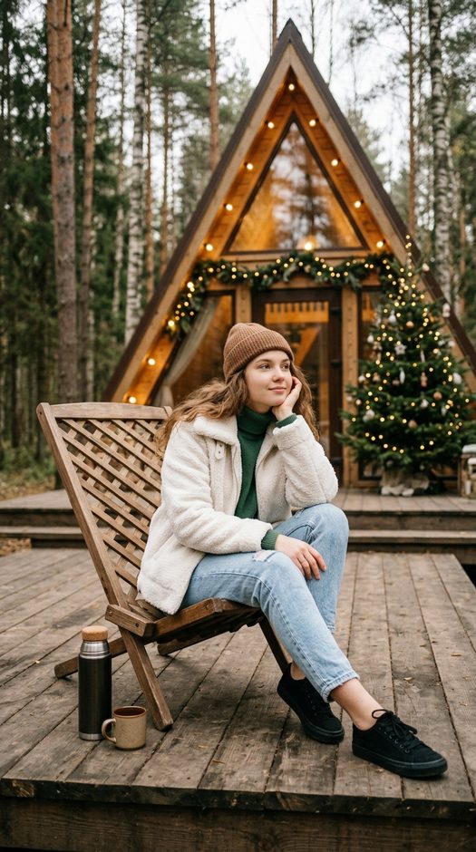 женщина на лесной поляне у дома