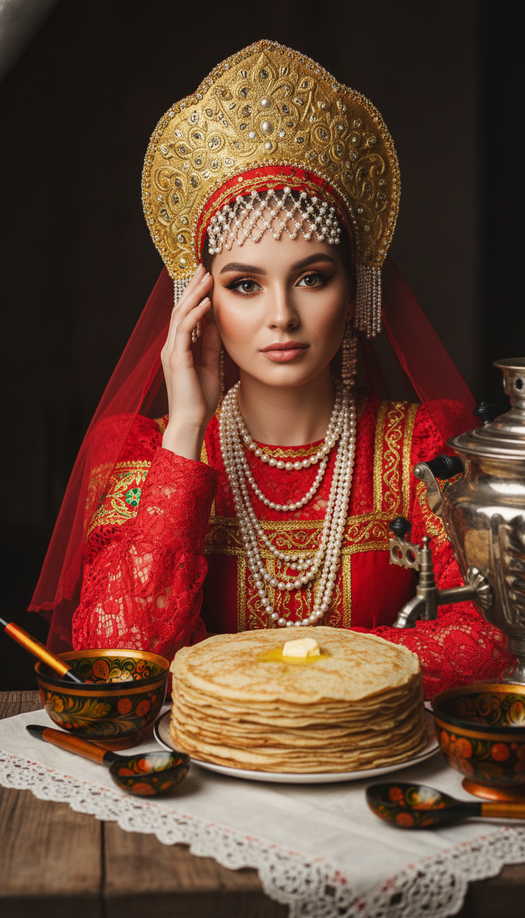 женская фотосессия масленица с самоваром и блинами