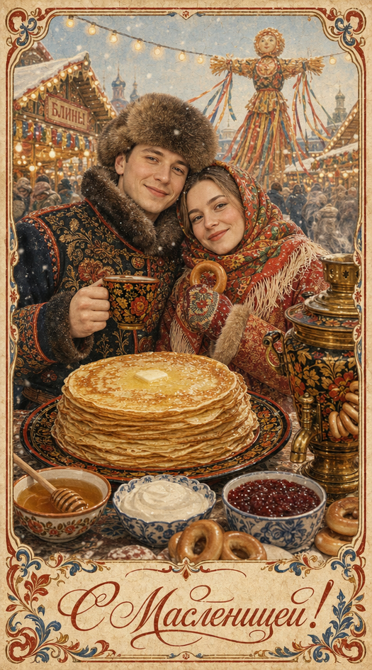Открытка к масленице в ретро стиле