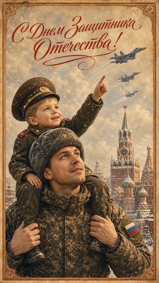 Открытка на 23 февраля с мужчиной и ребенком