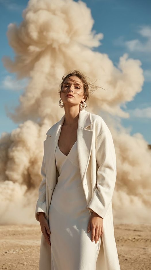 fashion-съёмка в пустыне с пылевым облаком