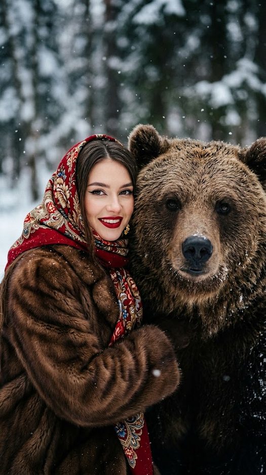 женщина с медведем в зимнем портрете