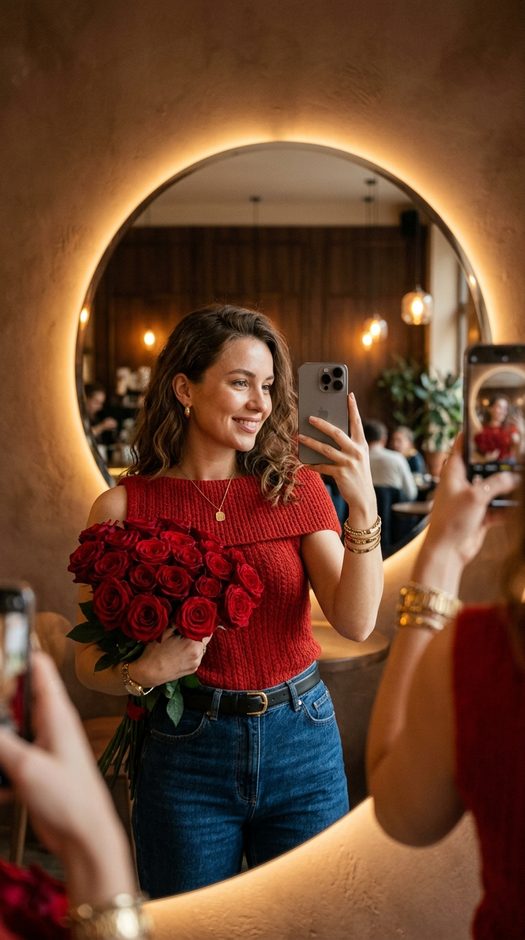 селфи в зеркале с букетом роз в кафе