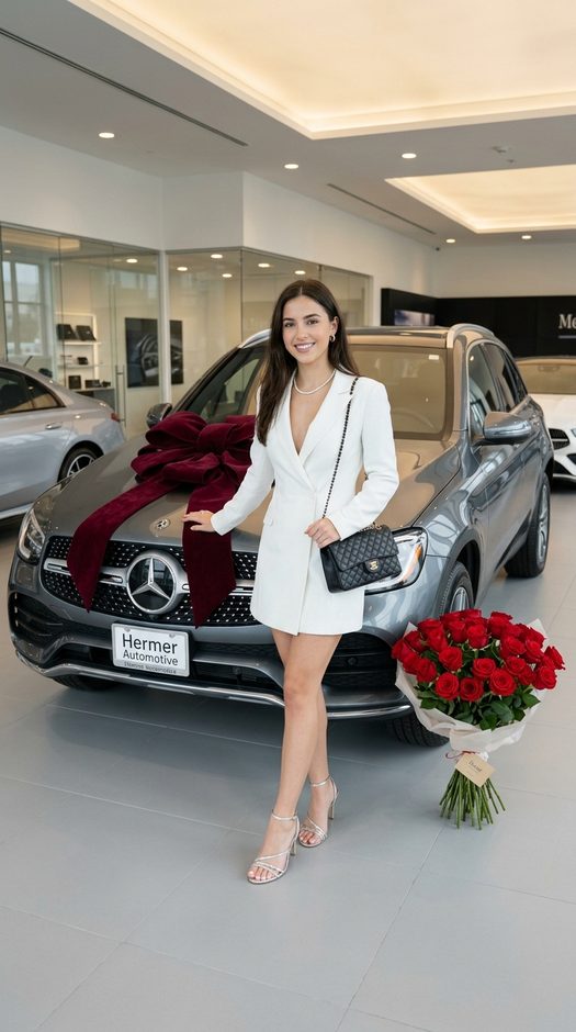 девушка у suv с бантом и розами
