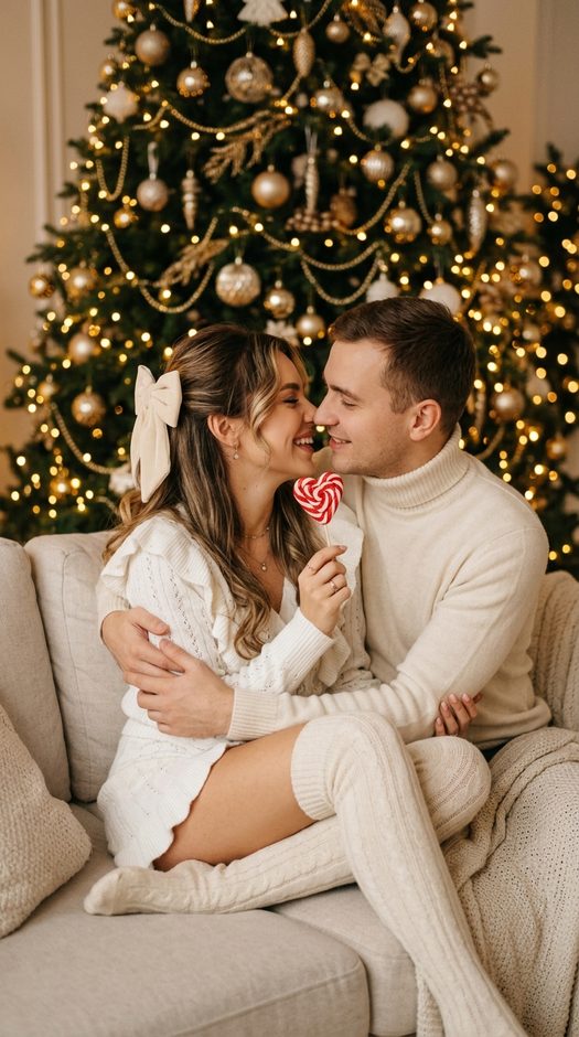 новогодняя love story пары с елкой и леденцом