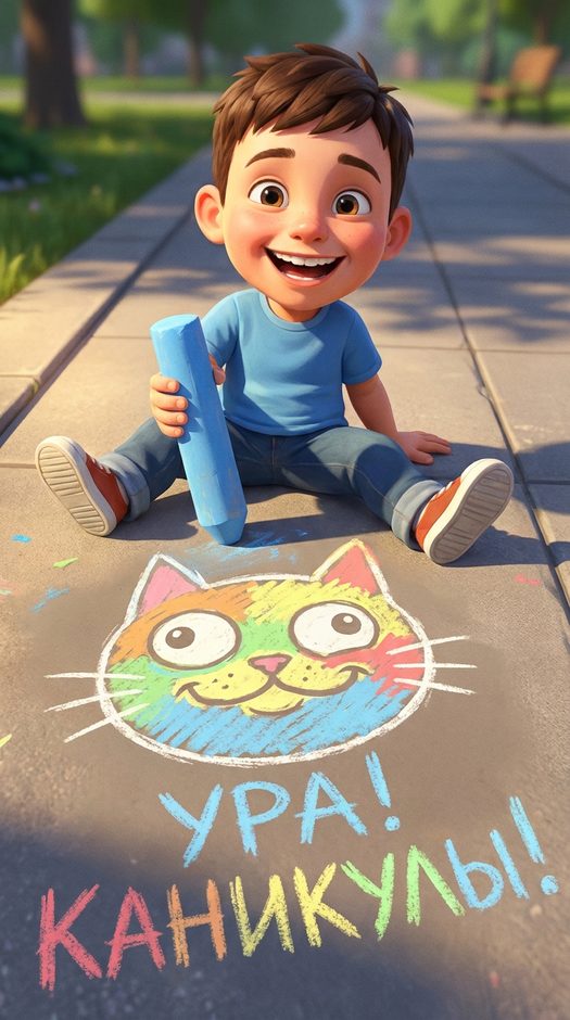 ребенок в стиле pixar с мелом и надписью каникулы