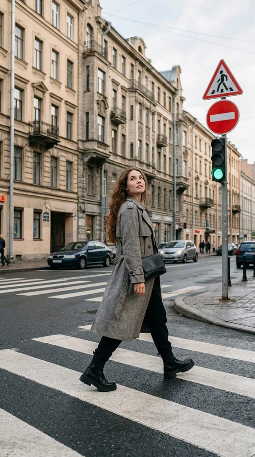 девушка в сером тренче на пешеходном переходе