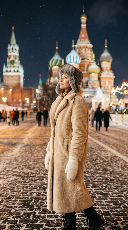 зимняя фотосессия в шубе на красной площади