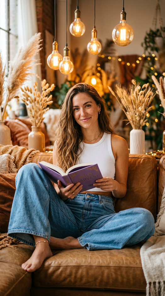 девушка с книгой на кожаном диване в лофте
