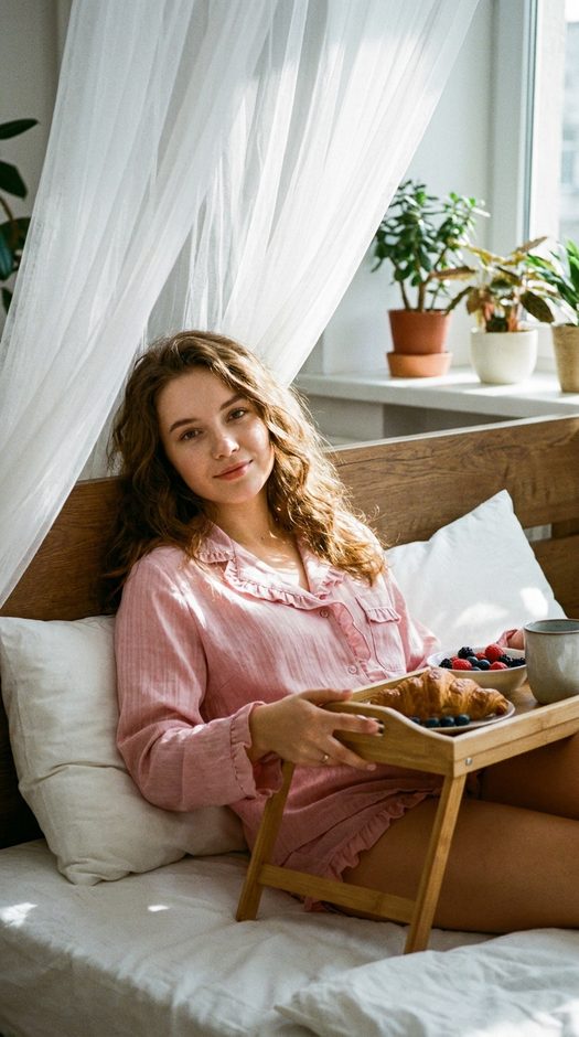 утренняя фотосессия в постели с завтраком