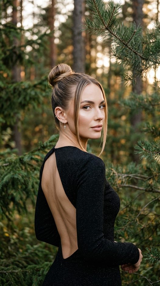 женская фотосессия в черном платье с пучком