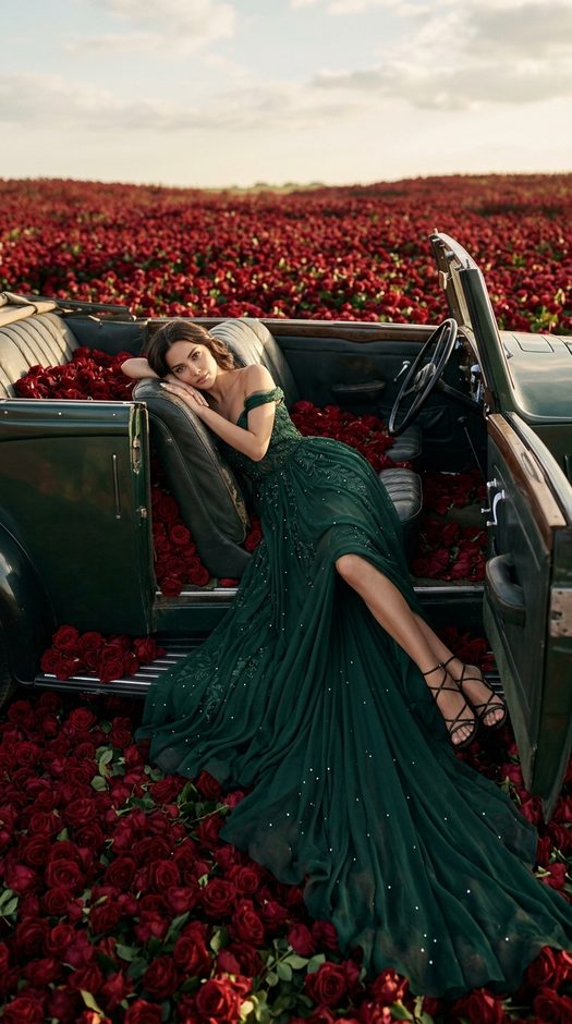 fashion фотосессия в машине среди роз