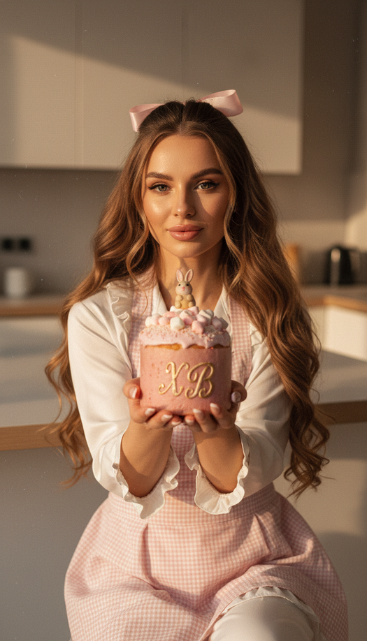 пасхальная фотосессия с куличом и кроликом на кухне