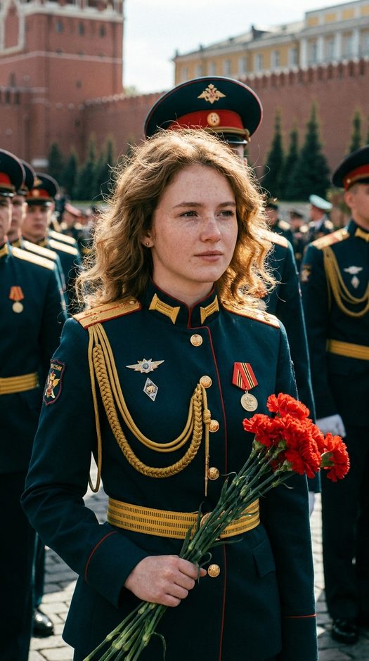 девушка в форме на параде 9 мая с гвоздиками