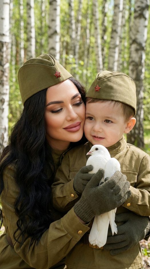 фотосессия мамы с ребенком в форме с белым голубем