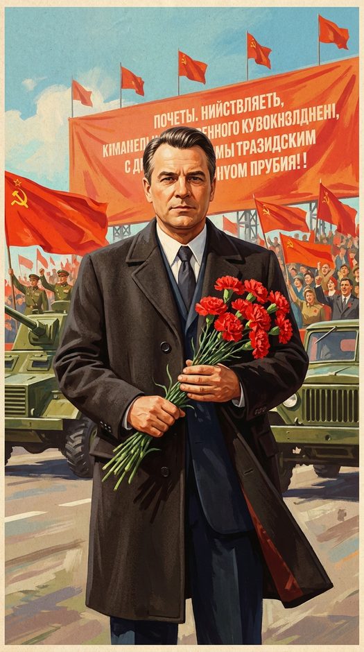 человек на фоне военного парада с цветами