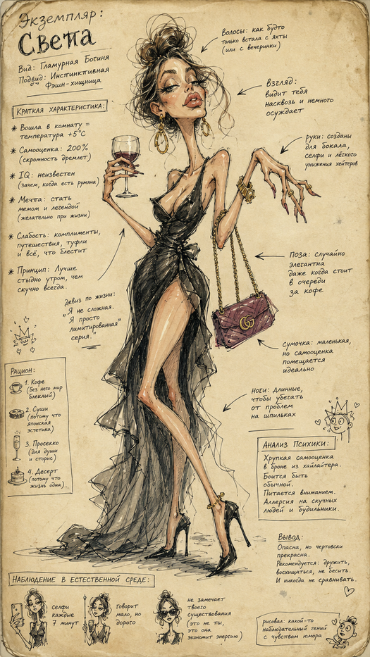 Карикатурный fashion скетч с заметками на полях
