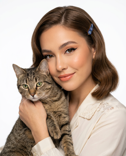 женщина с кошкой табби на белом фоне