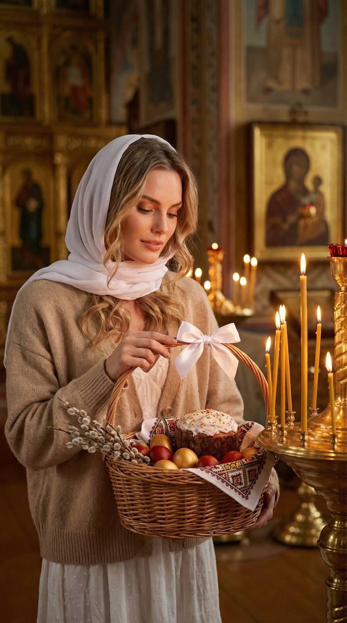 пасхальная фотосессия в храме с корзиной и свечами