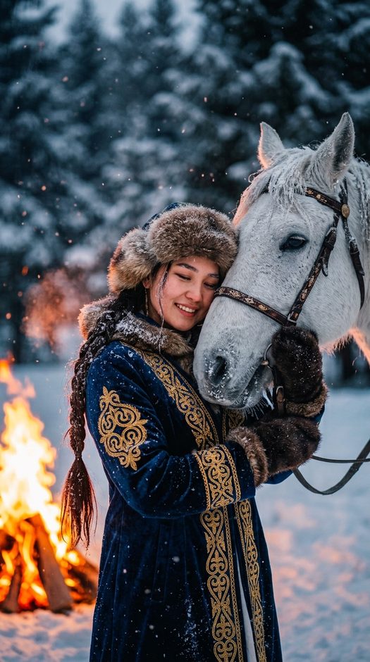 зимняя фотосессия с белой лошадью и костром