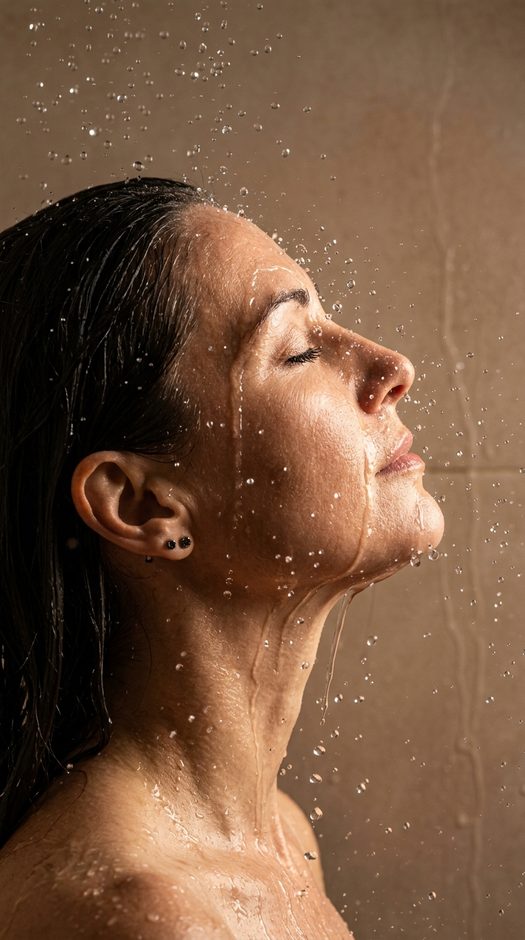 женщина в душе крупный план с брызгами воды