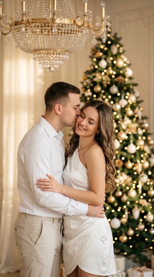 новогодняя love story в студии с елкой и люстрой