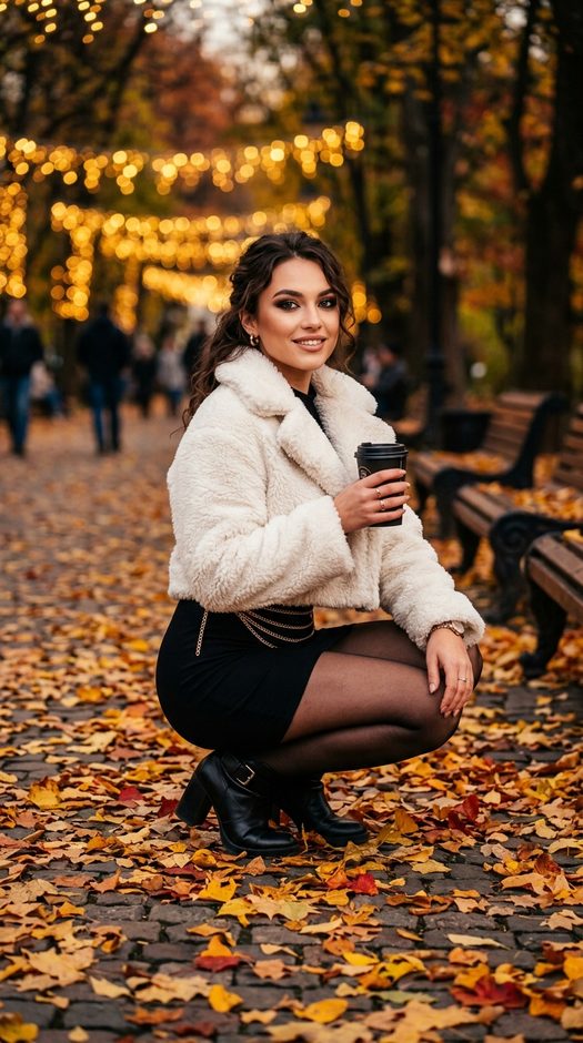 девушка в шубе тедди с кофе в осеннем парке