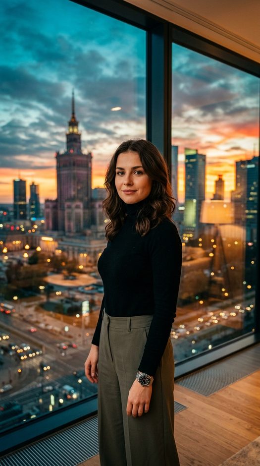 женщина у окна с видом на варшаву на закате