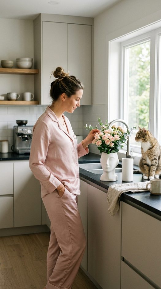 женщина в пижаме с котом на кухне