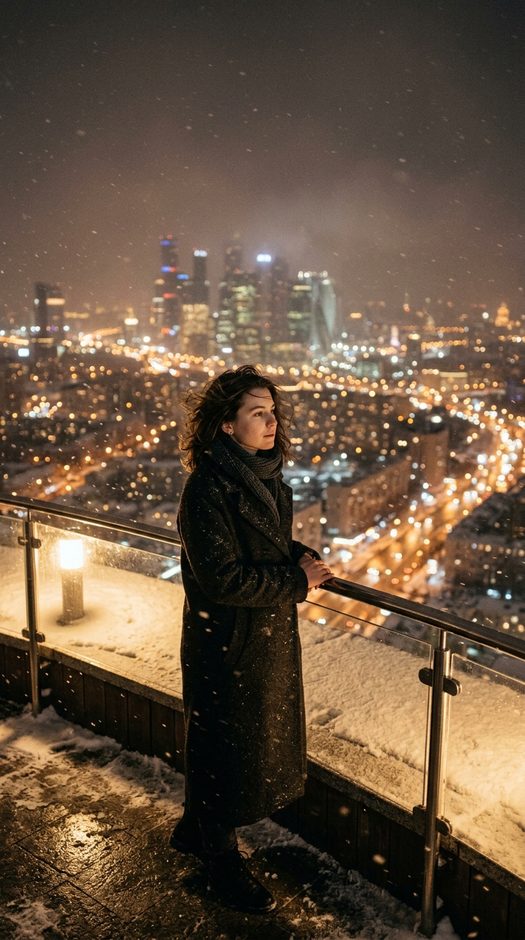 женщина над ночным городом в снегопад