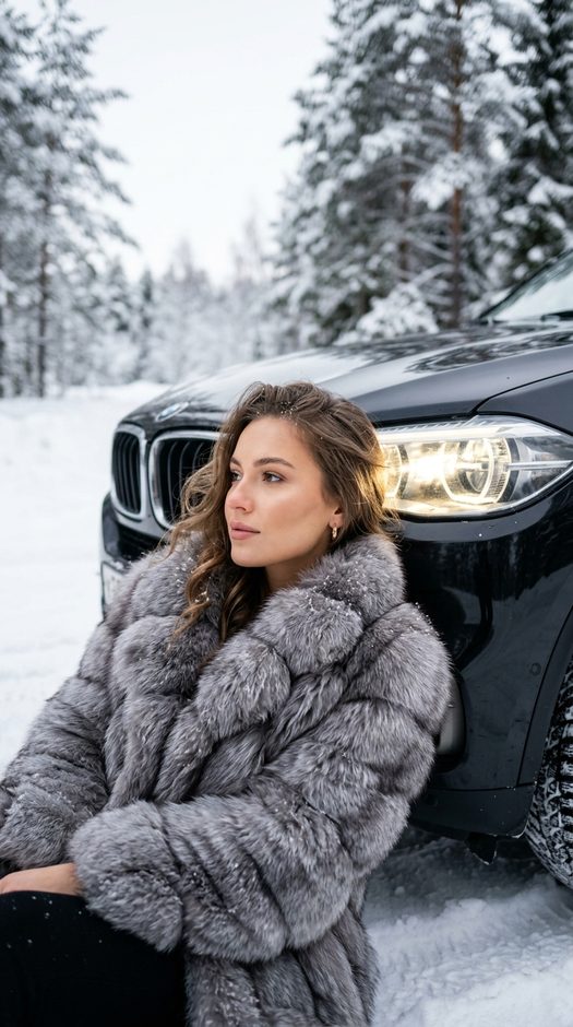 девушка у черного bmw в шубе на снегу