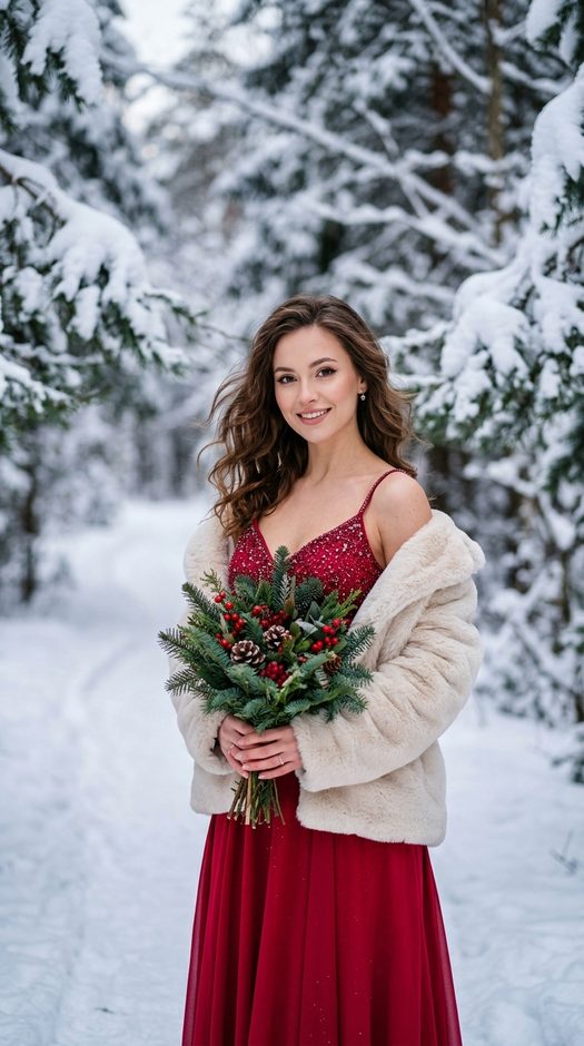 женщина в алом платье в зимнем лесу