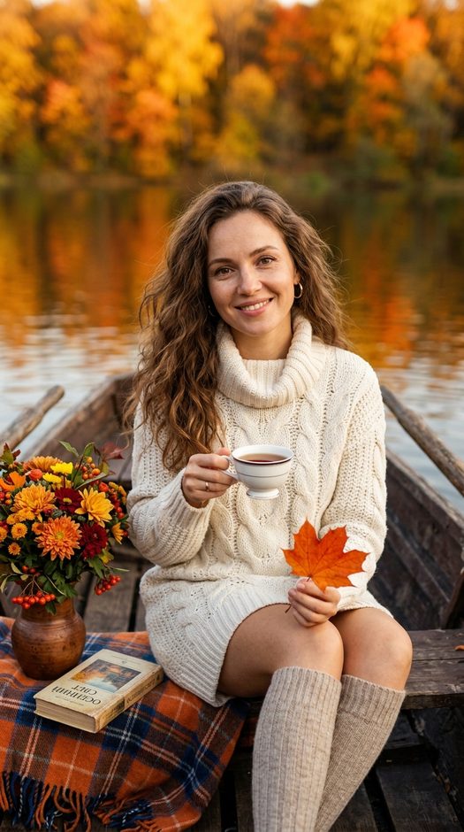 женщина в лодке с чаем и кленовым листом осенью