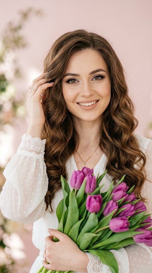 женщина с фиолетовыми тюльпанами на розовом фоне