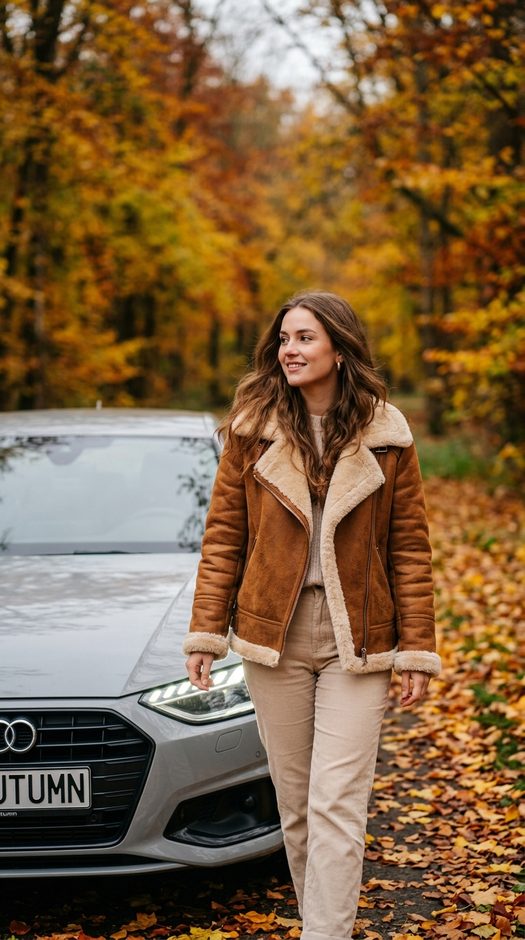 осенняя фотосессия у audi в дубленке авиаторе