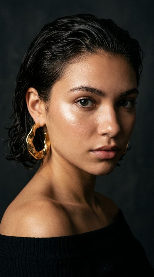 бьюти фотосессия с wet look и золотой серьгой