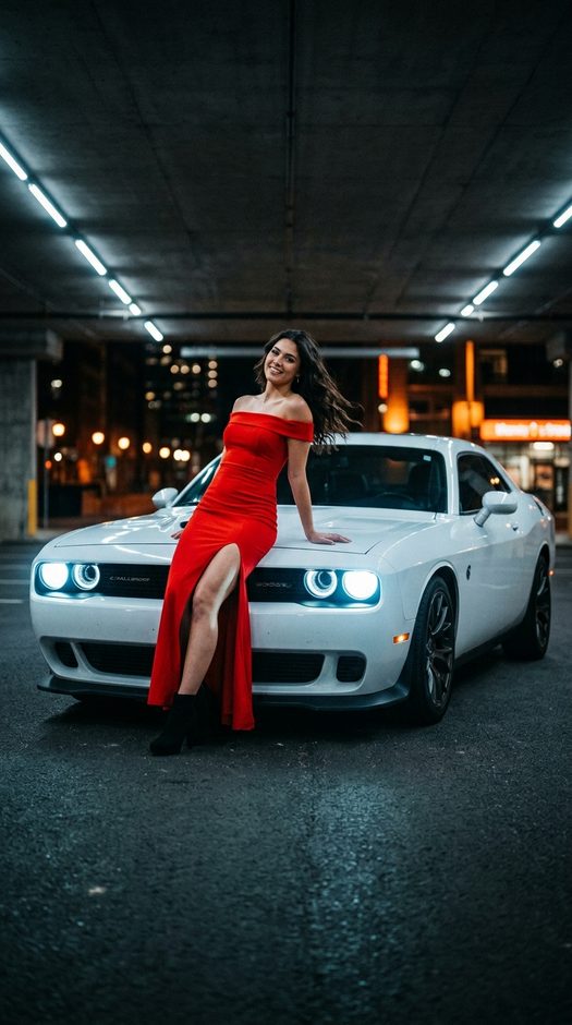 девушка в красном платье у dodge challenger ночью