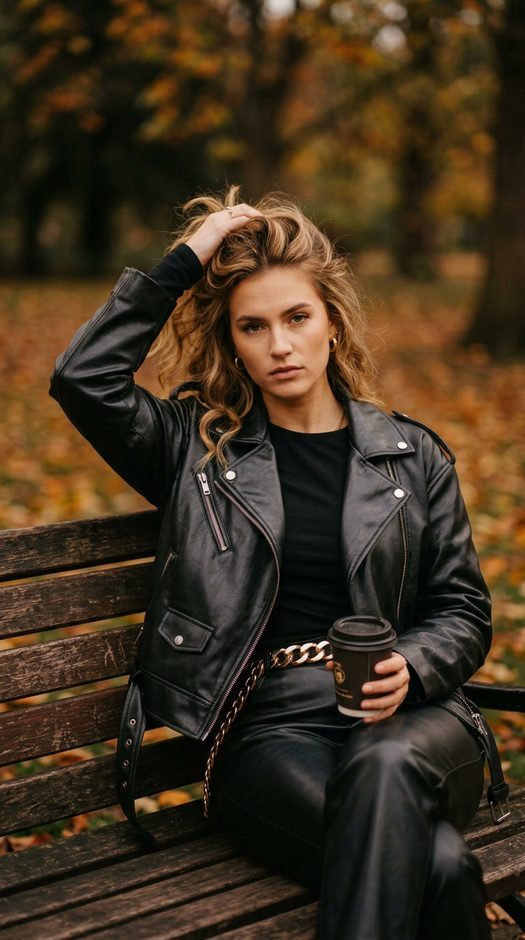 женщина в косухе с кофе на скамейке в парке