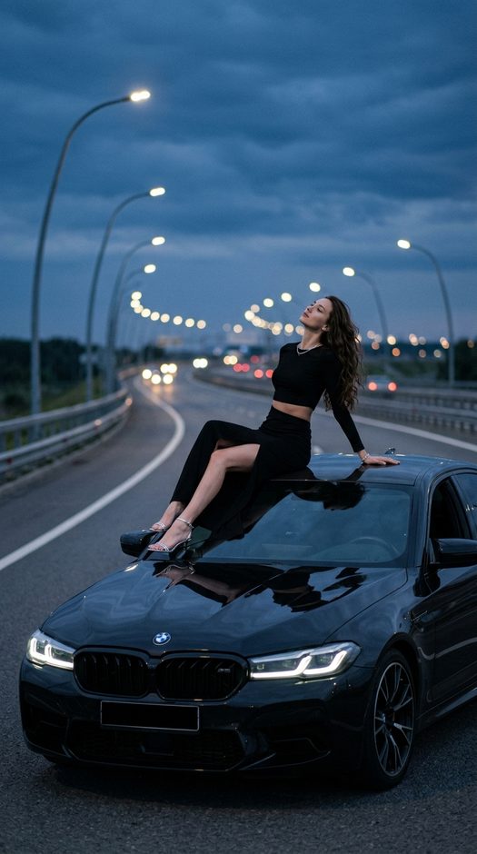 девушка на bmw m5 в синий час