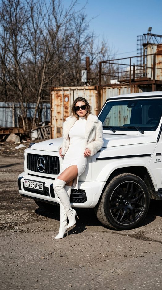 девушка у белого mercedes g wagen в мини платье