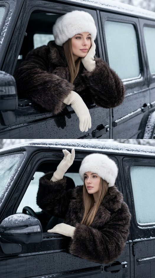 зимняя фотосессия в машине в шубе и меховой шапке