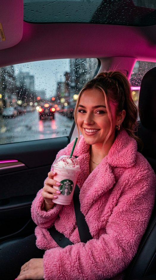 девушка в машине с розовым неоном и starbucks