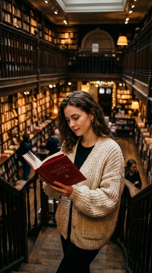 женщина с книгой в книжном магазине