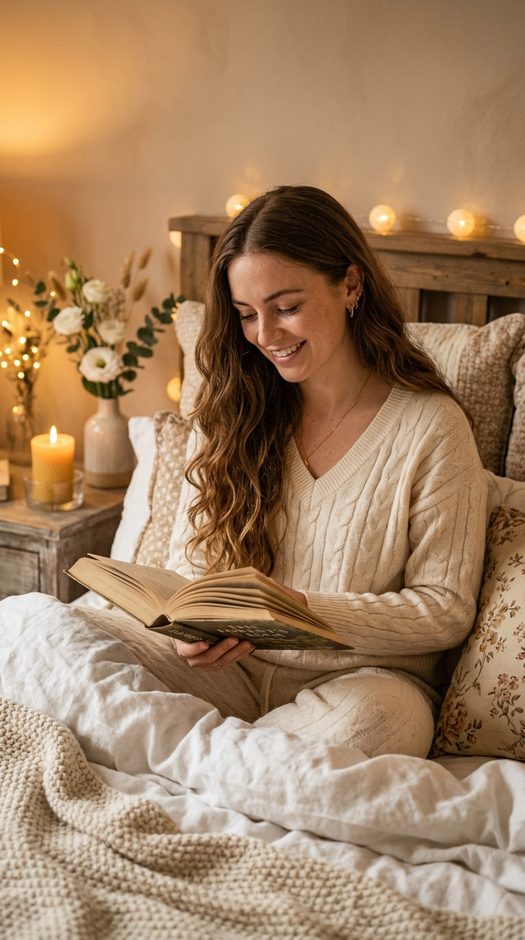женщина с книгой в уютной постели