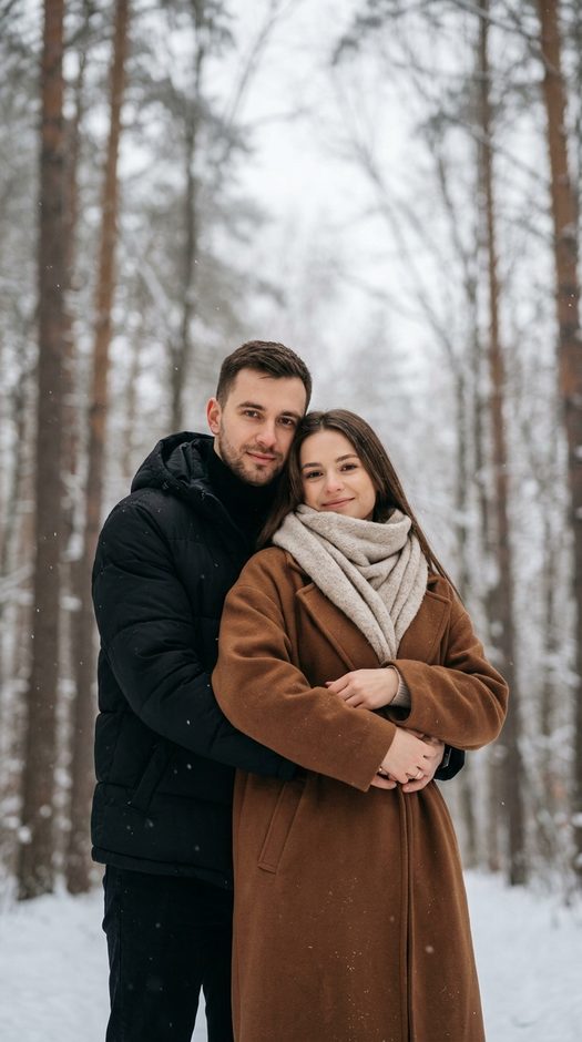 пара в лесу с первым снегом