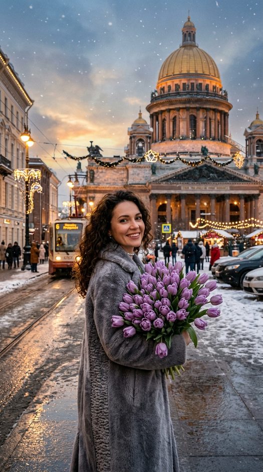 женщина с тюльпанами у исаакиевского собора