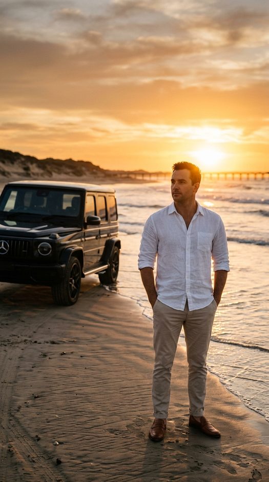 мужчина на пляже с mercedes g wagen на закате