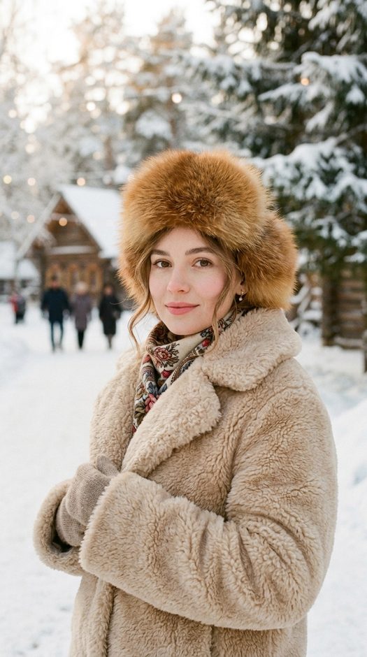 зимняя фотосессия в шубе и меховой шапке