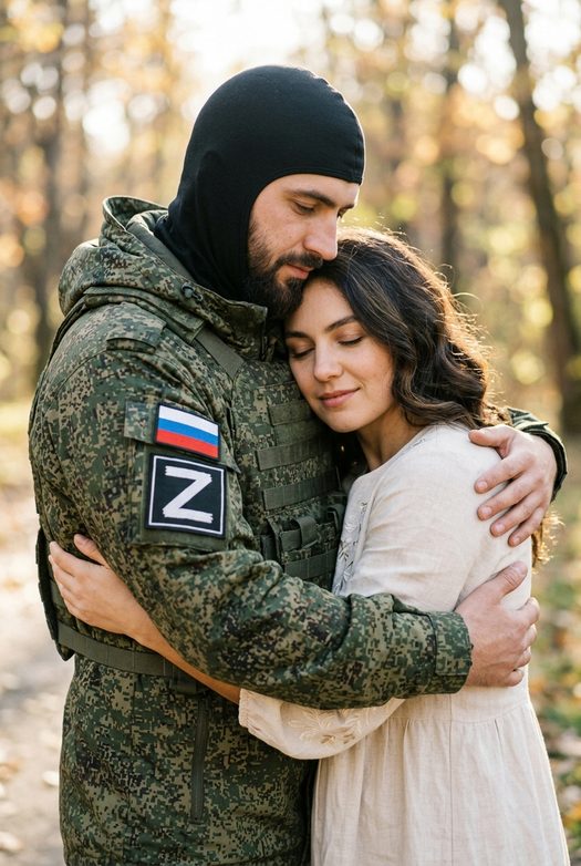 солдат в балаклаве обнимает женщину в светлом платье