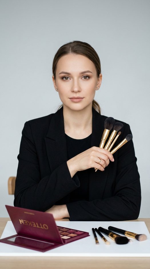 студийная фотосессия визажиста с кистями и палеткой